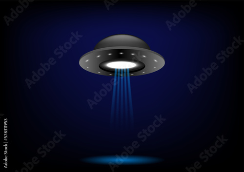 Unidentified flying object on futuristic dark blue background.