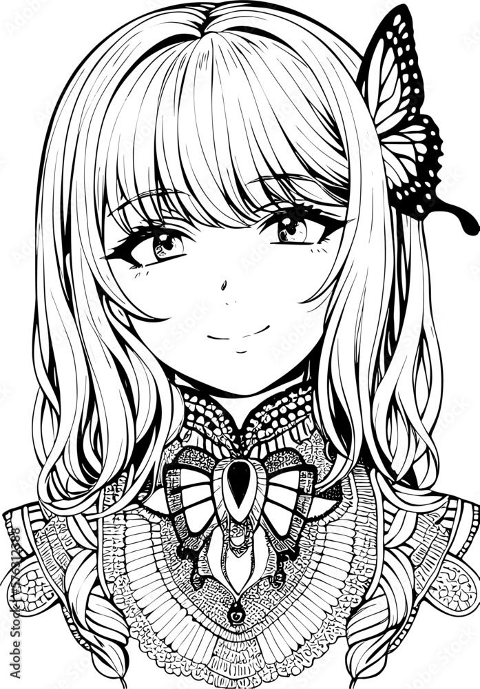 A beautiful girl, featuring decorations and costumes, doodle, coloring book. Vector illustration