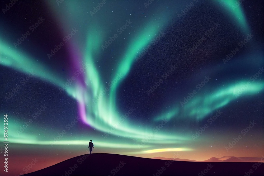 a person standing in front of a green and purple aurora bore in the sky ...