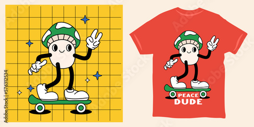 Mushroom on skateboard retro mascot design Peace Dude