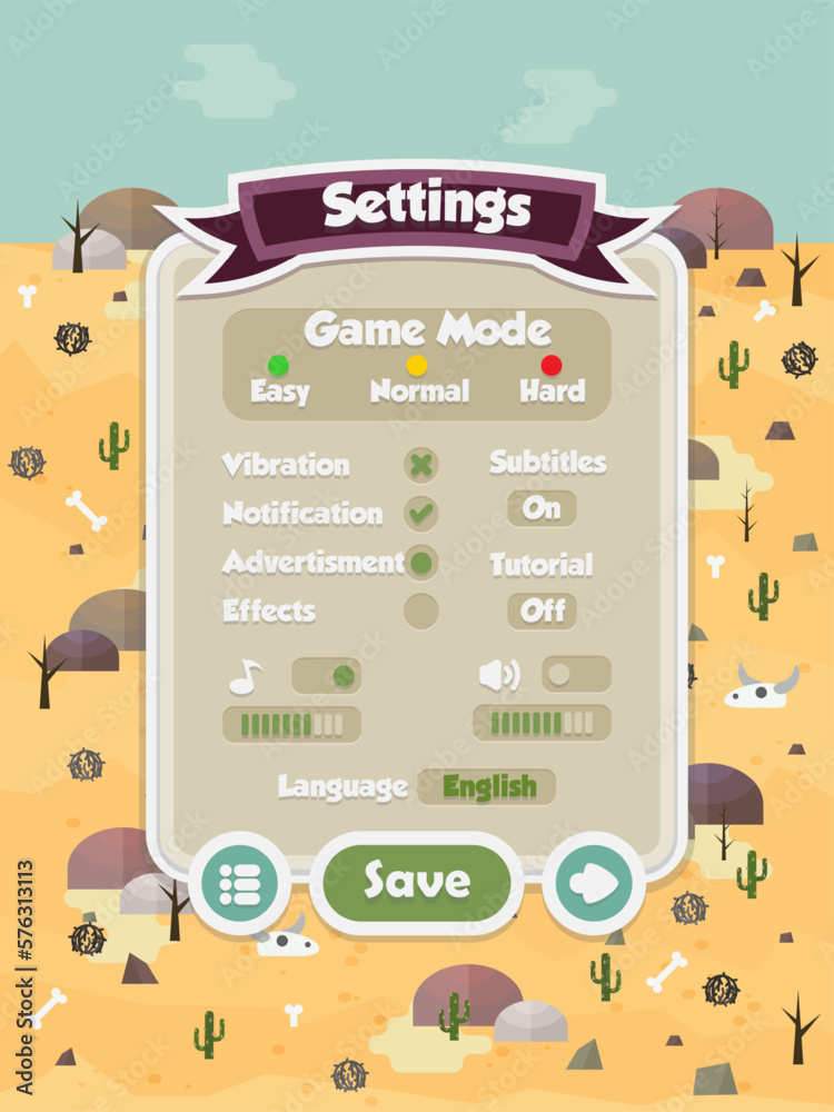 Menu of graphical user interface on screen of 2d mobile game ...