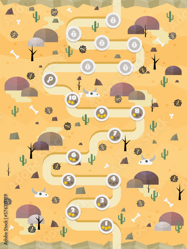 Menu of graphical user interface on screen of 2d mobile game application in flat cartoon style with hot desert or deathly barren / valley theme