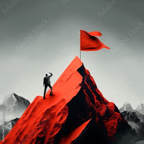 Business success challenge and climbing a high mountain metaphor as a businessman with a goal of retreiving a red flag from the peak or summit winter cloudy sky funny waving yes Generative AI