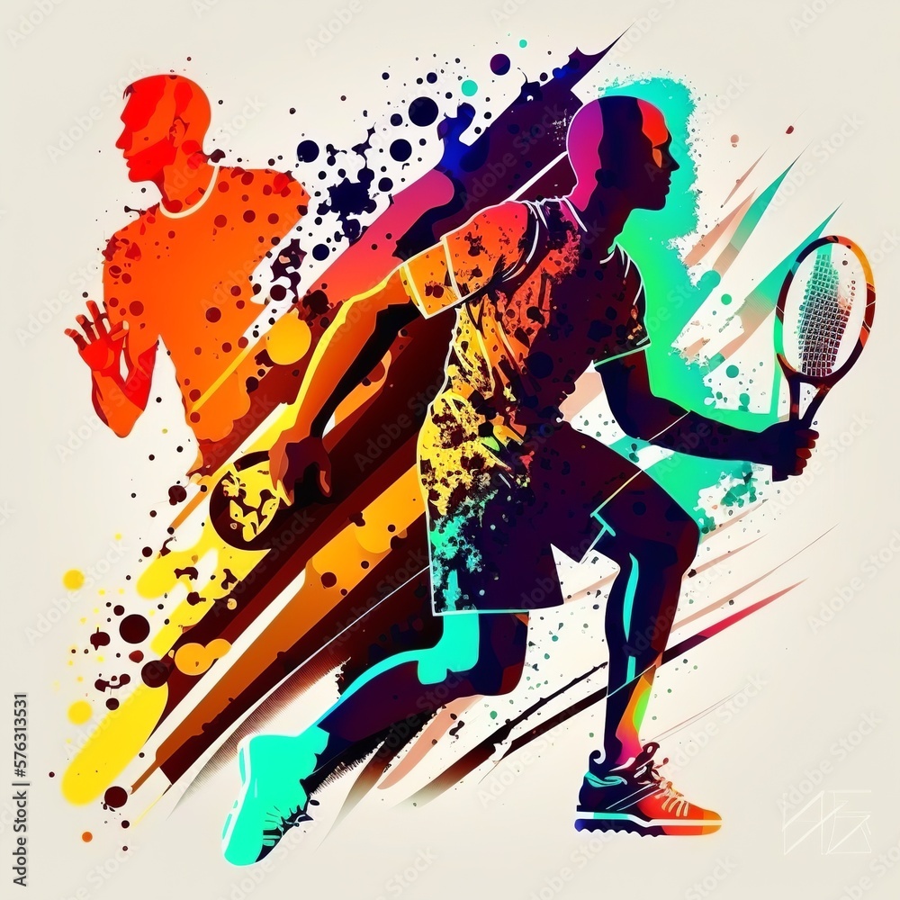 Obraz premium Color sport background. Football, basketball, hockey, box, baseball, tennis illustration colorful silhouettes athletes player game Generative AI