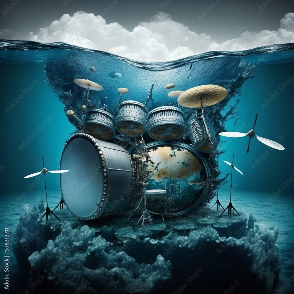 drum set in the middle of the ocean cymbal underwater water splash