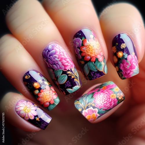 flower pattern nails artificial beauty fingers sample cosmetics cool design style wow beautiful black background woman art lacquer for girls floral ornate Generative AI