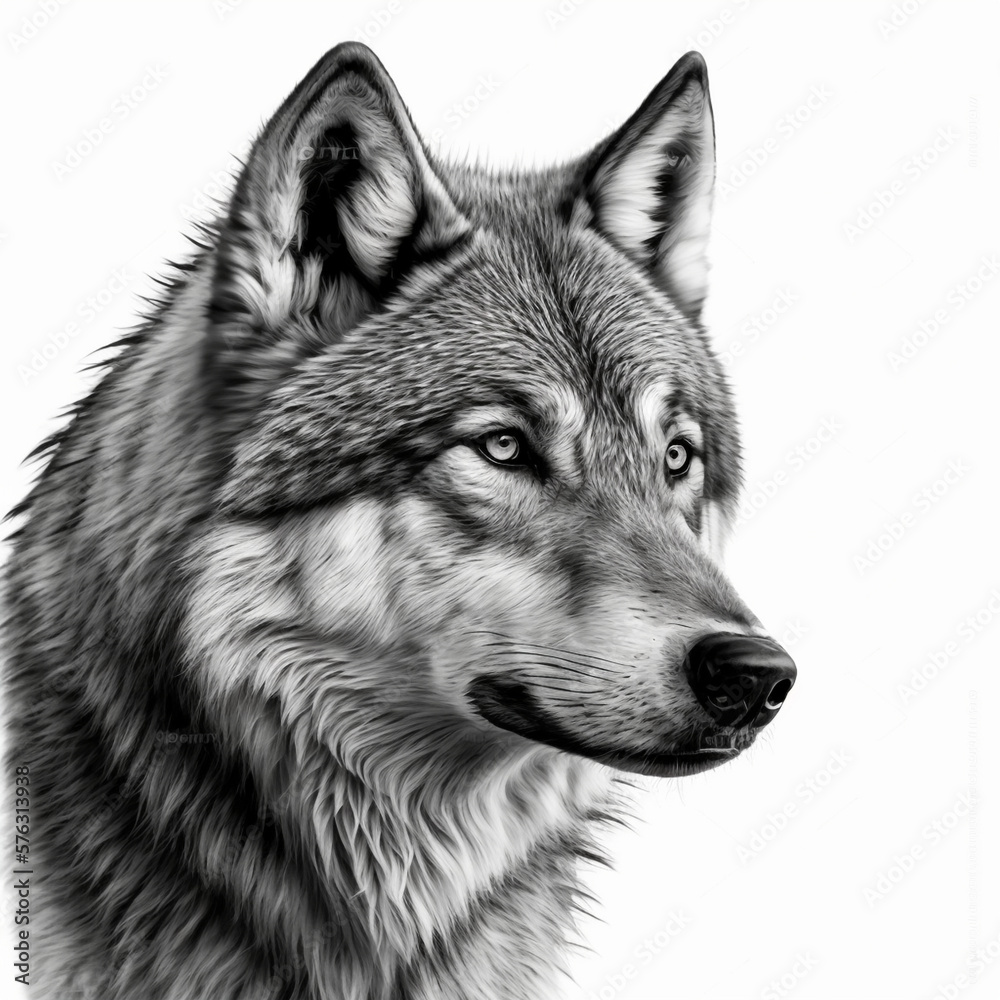 Fototapeta premium Realistic head wolf on a white background, generative AI