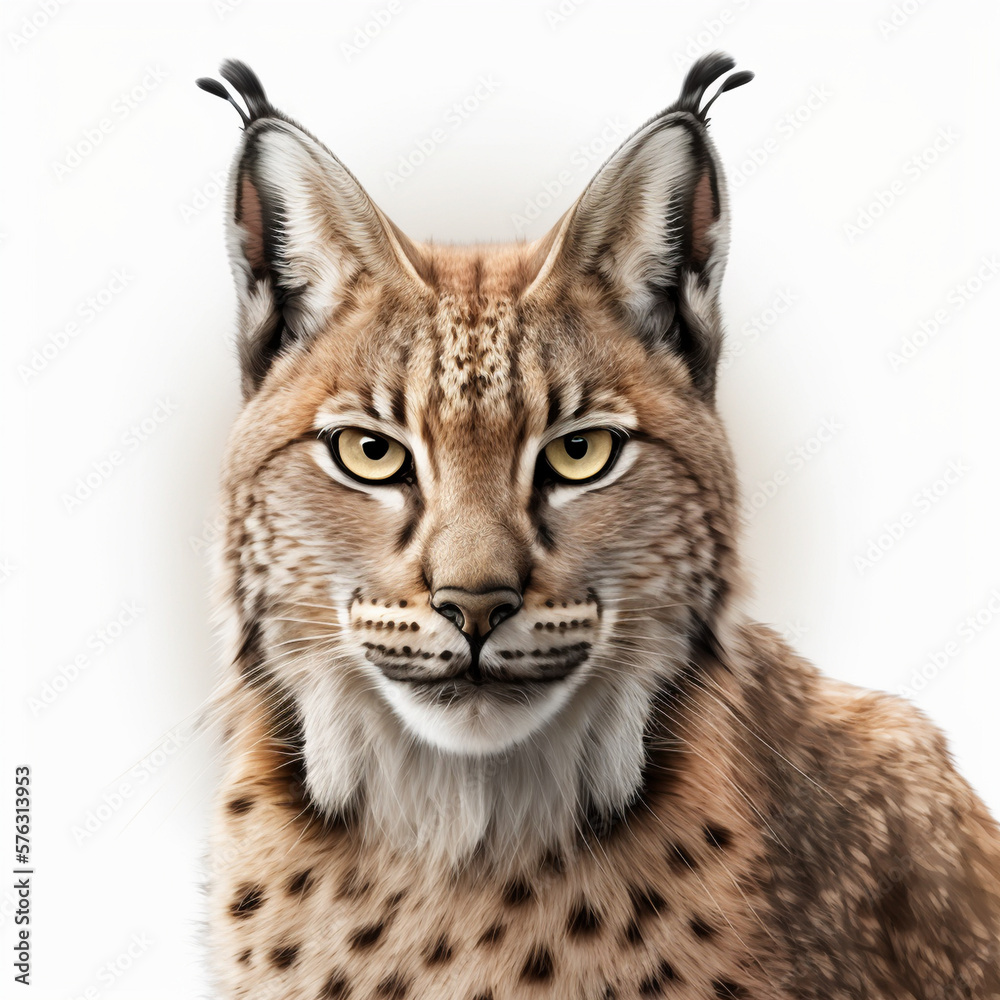 Fototapeta premium Realistic head lynx on a white background, generative AI