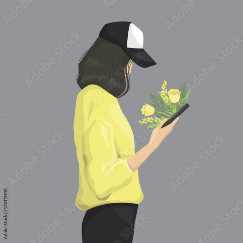 Young beautiful girl with phone and spring flowers. Minimalistic Vector illustration in yellow color.