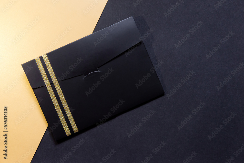 black envelope mockup, Flat Lay, on black and gold background with copy ...
