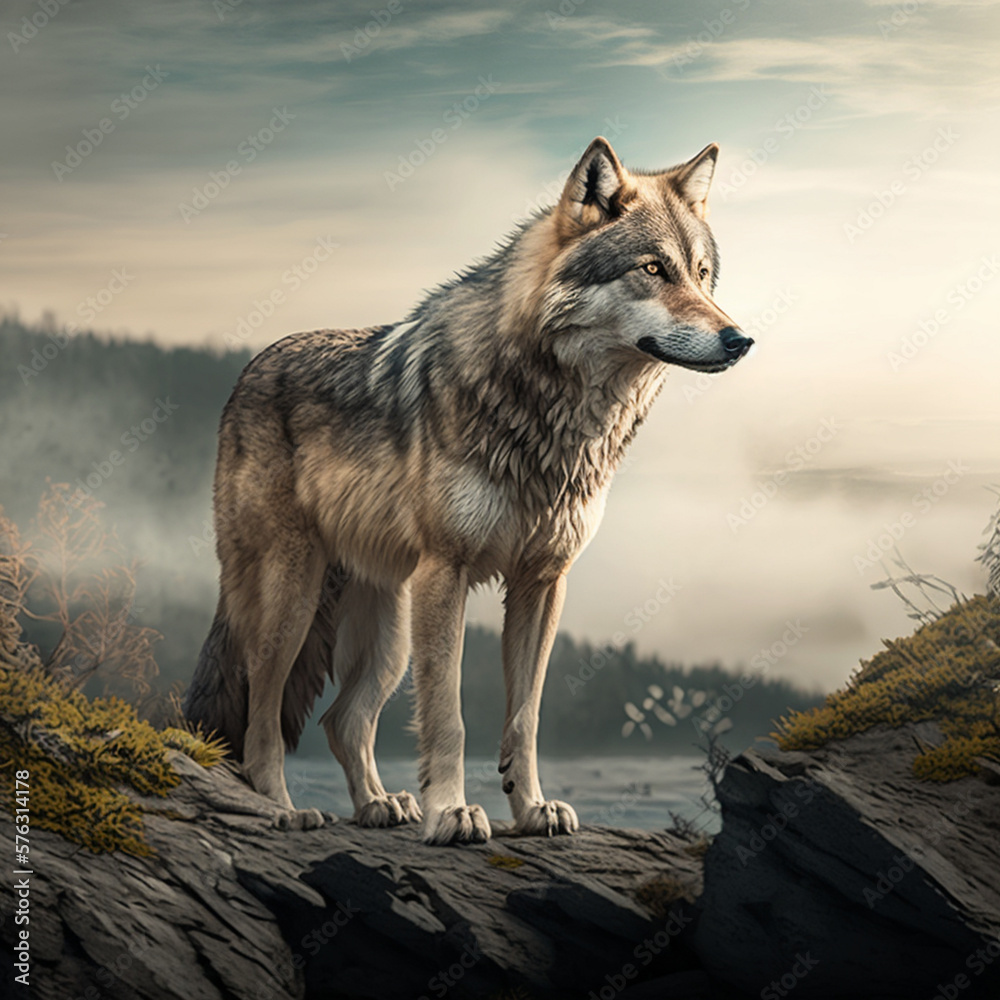 Realistic wolf on a nature background, generative AI Realistic wolf on a nature background, generative AI