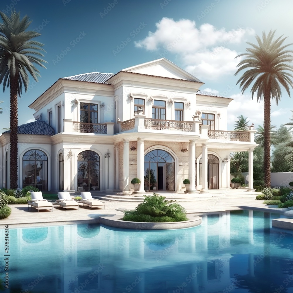 Luxurious villa with pool exterior outdoor swimming pool storey building with trees clean air large glass windows modern style water blue travel vacation business palm shaded part Generative AI 