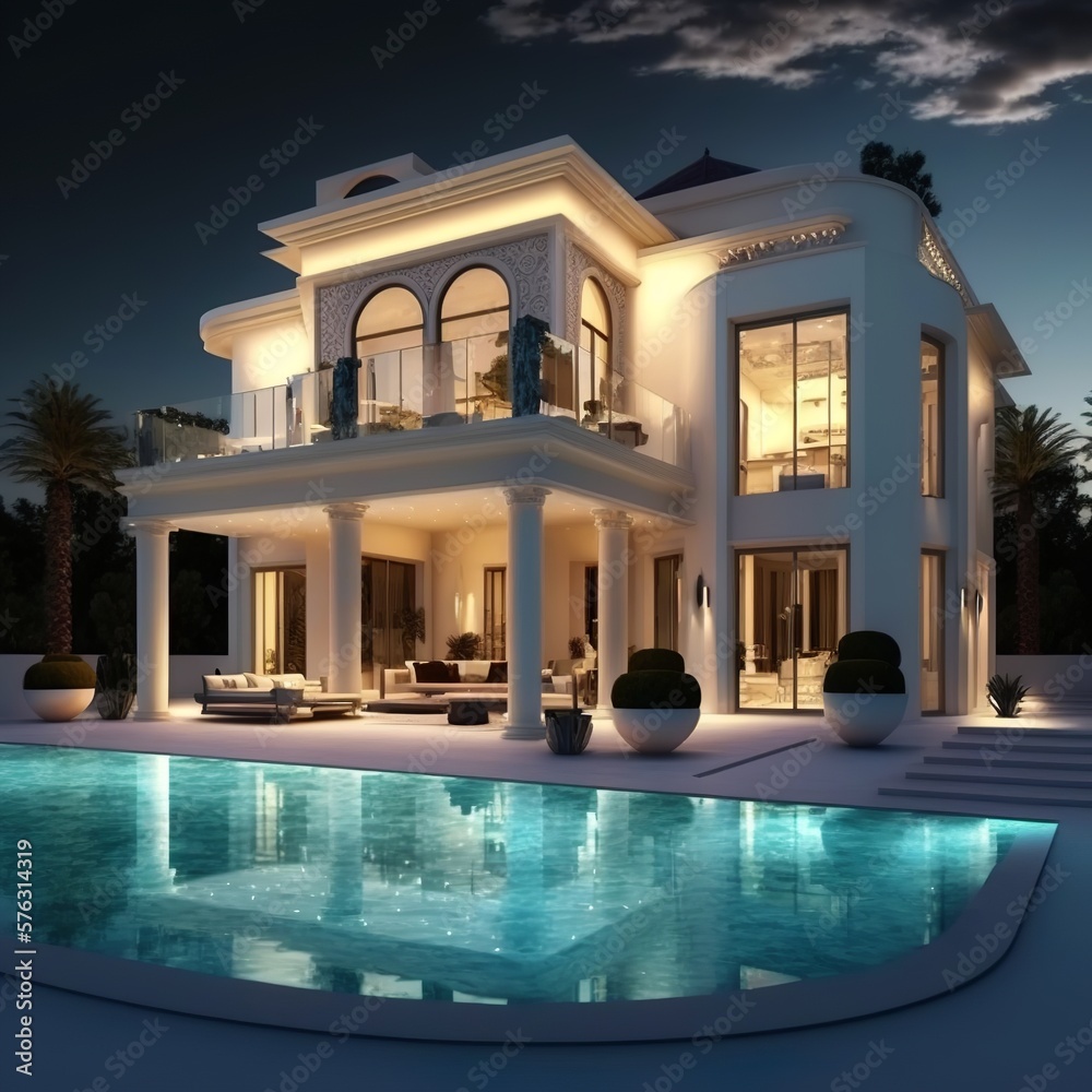 Luxurious villa with pool exterior outdoor swimming pool storey building with trees clean air large glass windows modern style water blue travel vacation business  Generative AI 