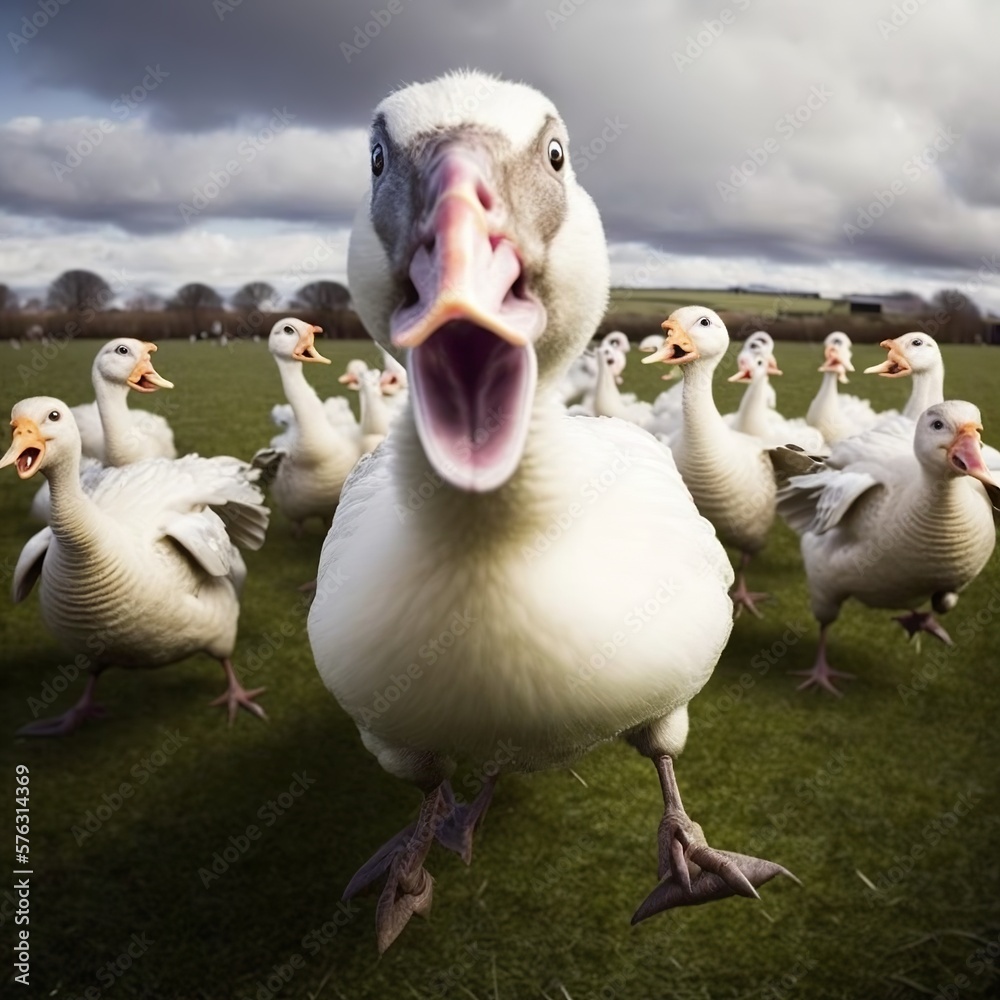 Obraz premium many geese beat pigs proverb fly fight beak, shouts clouds shnie green grass battle when the boss yelled in your face war animal white your mother in the field goal sport viewers Generative AI