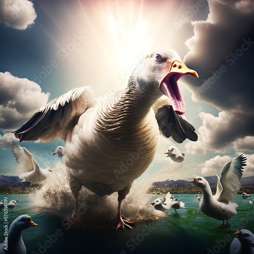 many geese beat pigs proverb fly fight beak, shouts clouds shnie green grass battle Generative AI