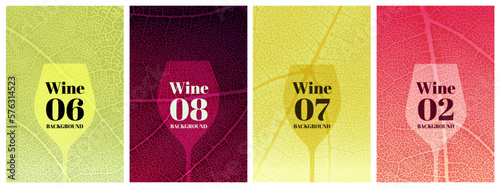 Templates with vine leaf texture background with wine colors and wine glass symbol. Vector illustration for wine designs.