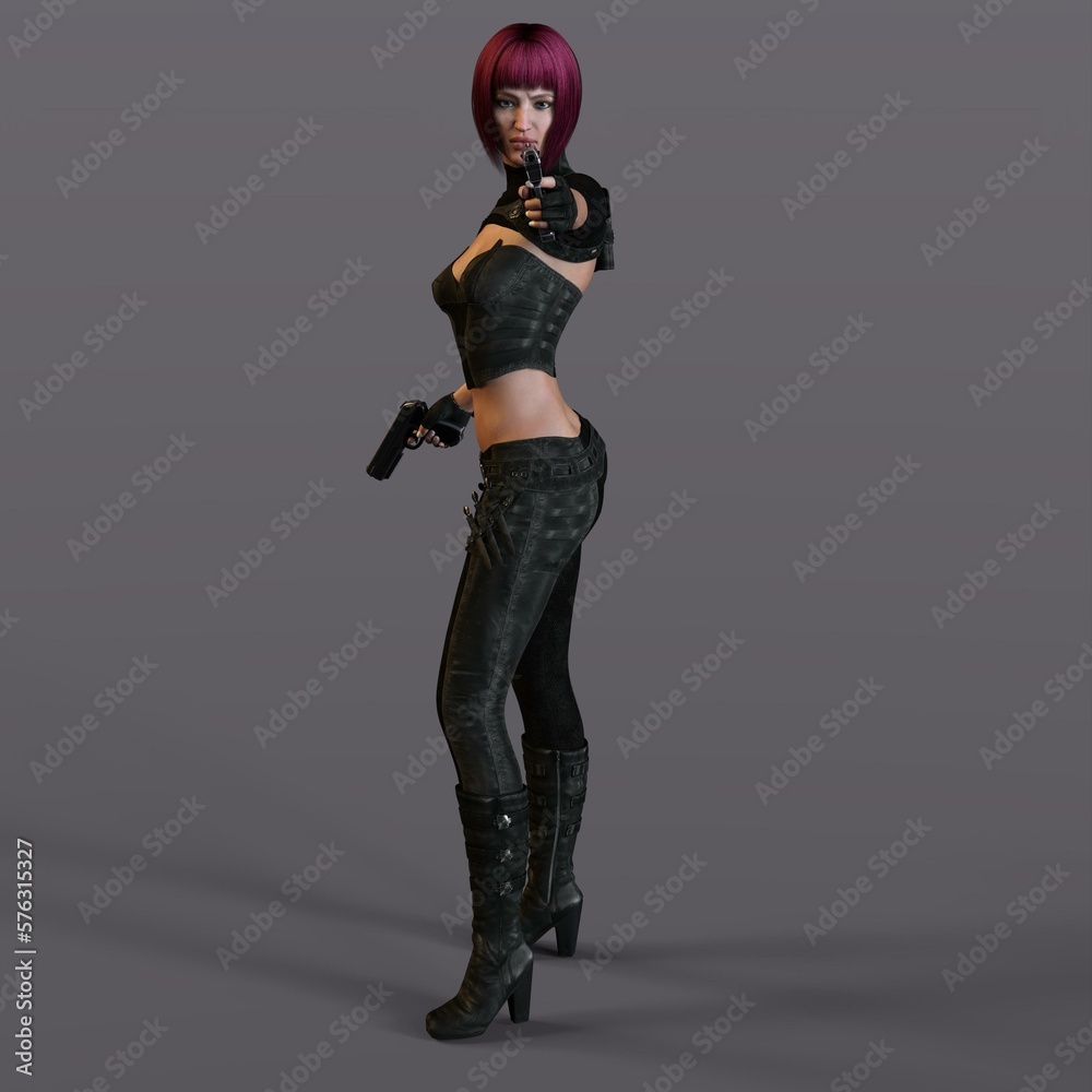 3D-illustration of an female rogutlike ninja fighter fighter in a nanosuit with guns