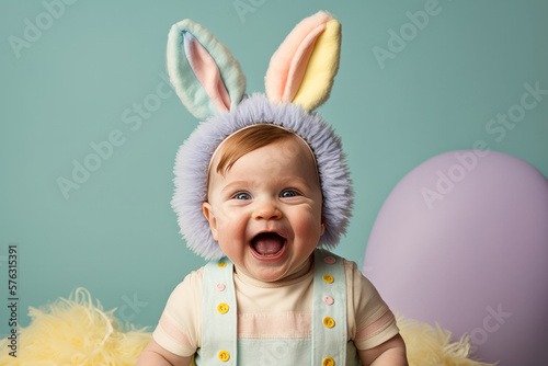 Cute baby portrait wearing spring easter bunny ears. Generative ai