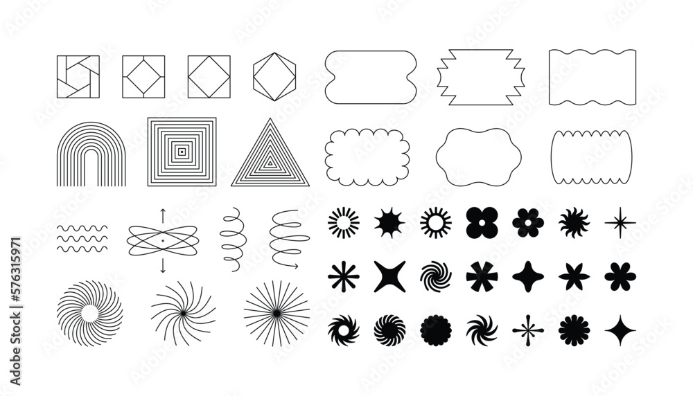 Vector set of minimalist brutalist design elements, futuristic shapes and geometric figures and stars - abstract background elements for branding, packaging, prints and social media posts Vector set of minimalist brutalist design elements, futuristic shapes and geometric figures and stars - abstract background elements for branding, packaging, prints and social media posts