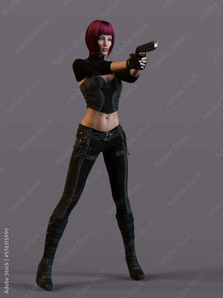 3D-illustration of an female rogutlike ninja fighter fighter in a nanosuit with guns 3D-illustration of an female rogutlike ninja fighter fighter in a nanosuit with guns