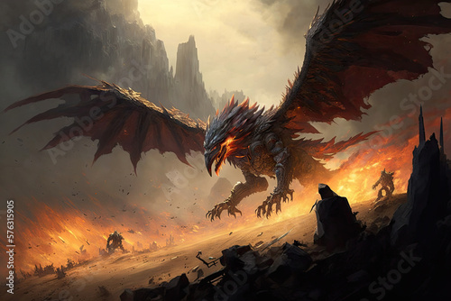 Gryphons and Dragonkin Clash Above a Smoldering Wasteland Generative AI © pngking