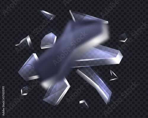 Scattered glass shatters. Realistic explosion flying sharp particles. 3D crack shattering car windshield shatters realistic
