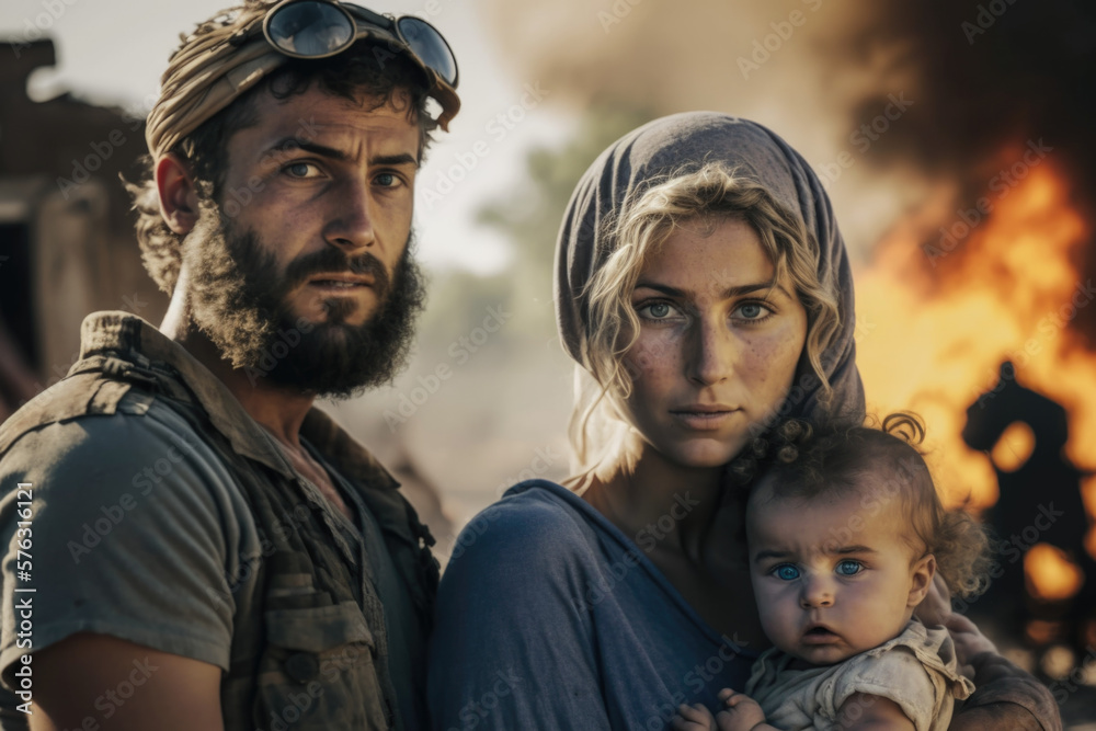Surviving War and Finding Strength: Refugees Couple Holding a Baby at destrution war scene ai generative