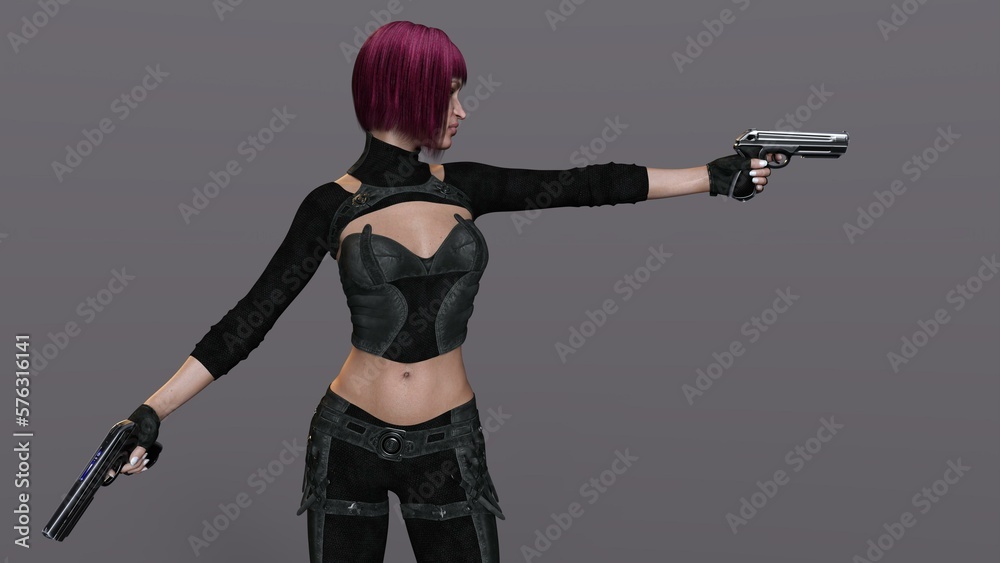 3D-illustration of an female rogutlike ninja fighter fighter in a nanosuit with guns 3D-illustration of an female rogutlike ninja fighter fighter in a nanosuit with guns