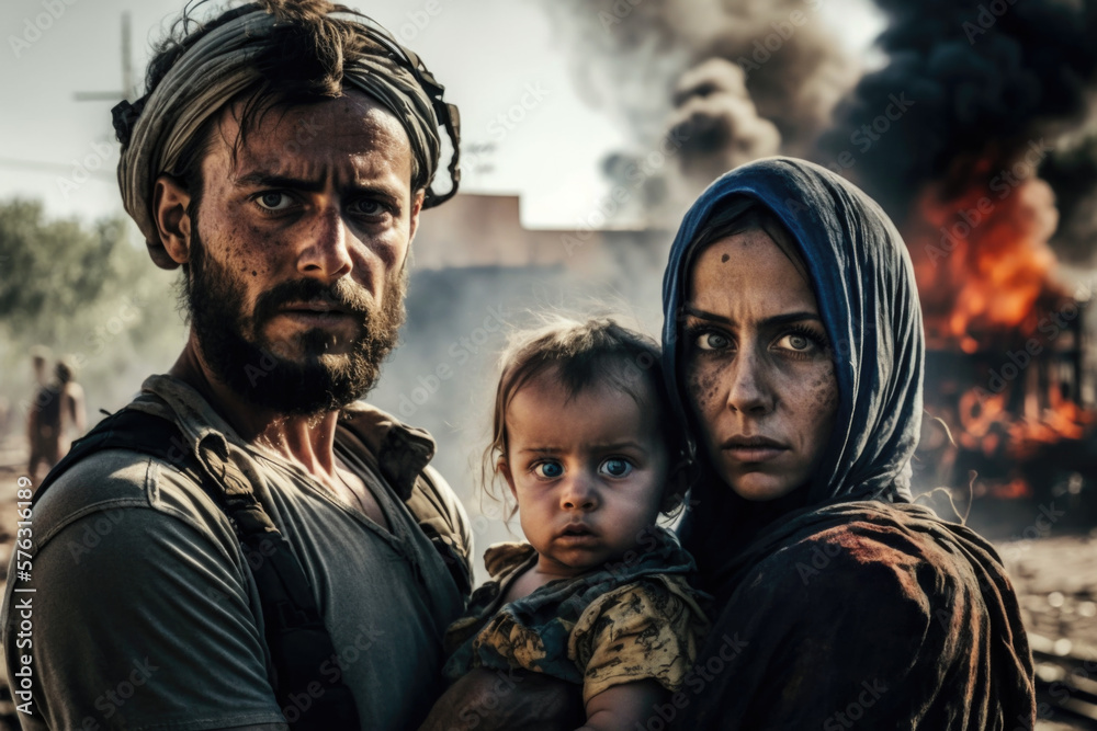 Surviving War and Finding Strength: Refugees Couple Holding a Baby at destrution war scene ai generative