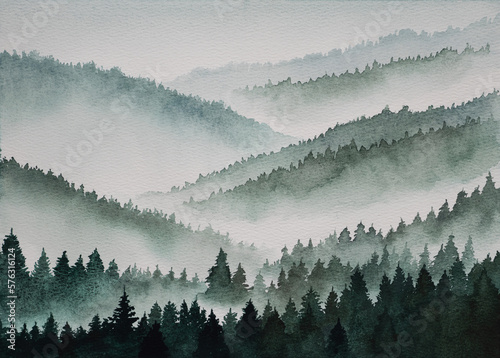 Watercolor landscape, green forest, fog mountains photo
