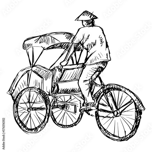 Sketch of traditional tricycle called Becak from Indonesia