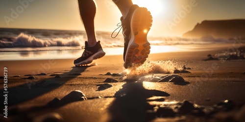 Close-up at the runner feet is start running forward to the beautiful view of beach, Generative AI