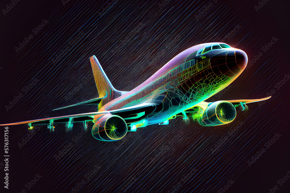 Airplane hologram on dark background, generative ai