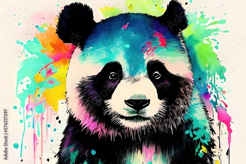 Portrait of a panda bear with paint splashes. stains of colored paints, splashes. generative AI