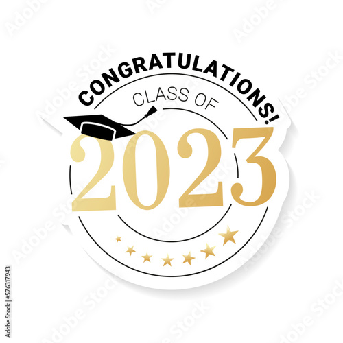 Congratulations Graduates of 2023. Icon. With an academic cap in a minimalistic black and gold design. Graduation ceremony design template for banner, badge, invitation, print, etc.Vector illustration