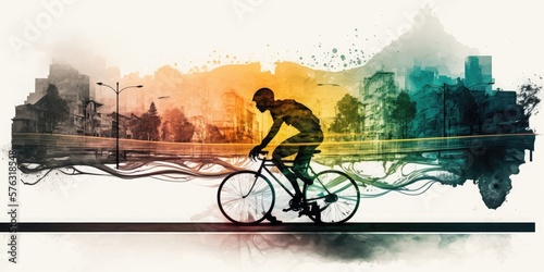 Double exposure of a cyclist, young man on a bike, riding bicycle in city, urban skyline, watercolorstyle, AI generative