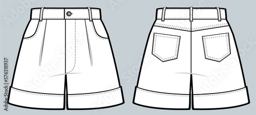 High-waist Shorts fashion flat. boyfriend fit rolled up. Vector technical sketch, technical drawing template. slim fit, women, front, and back view, CAD mockup