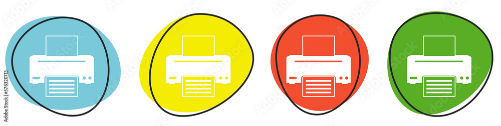 Banner mit 4 bunten Buttons: Drucker, Drucken oder Fax Banner mit 4 bunten Buttons: Drucker, Drucken oder Fax