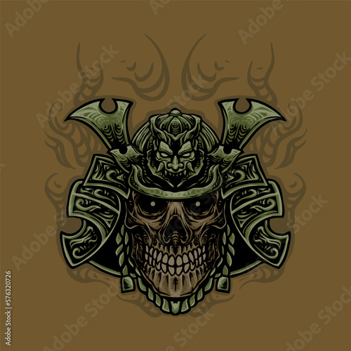 The golden samurai skull head illustration design