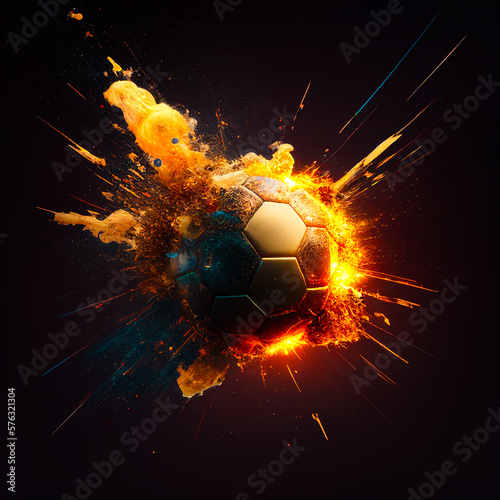 the golden ball explodes with colors of fire on a black background, generated AI.