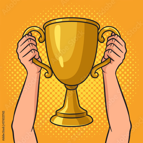 trophy gold cup winner in sports pop art retro vector illustration. Comic book style imitation.