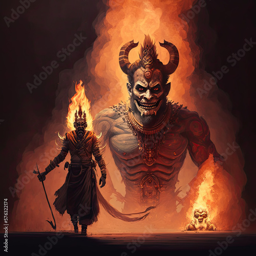 A Dussehra scene with Ravana (a demon king) and a burning effigy photo