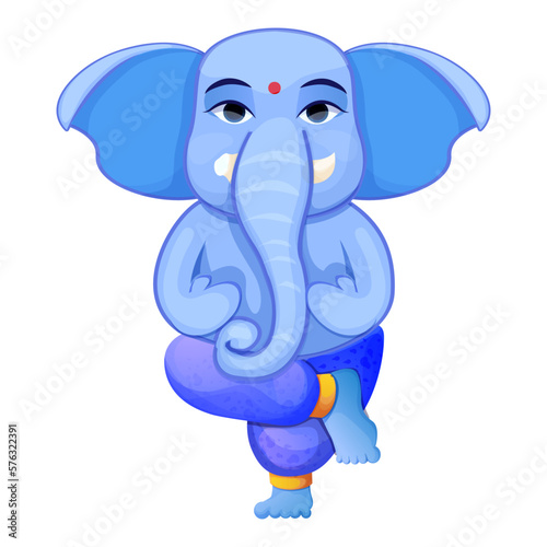 Little cute Ganesh, religious traditional god elephant blue color in cartoon character isolated on white background.