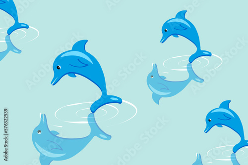 Tender background with dolphin on style black background. Wallpaper and bed linen print.