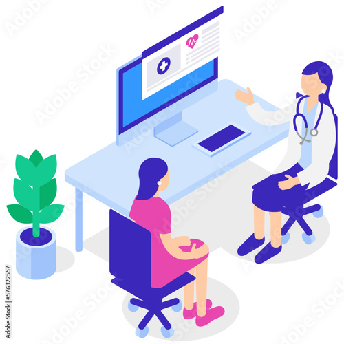 診察する女性医師と女性患者のアイソメトリックイラスト.