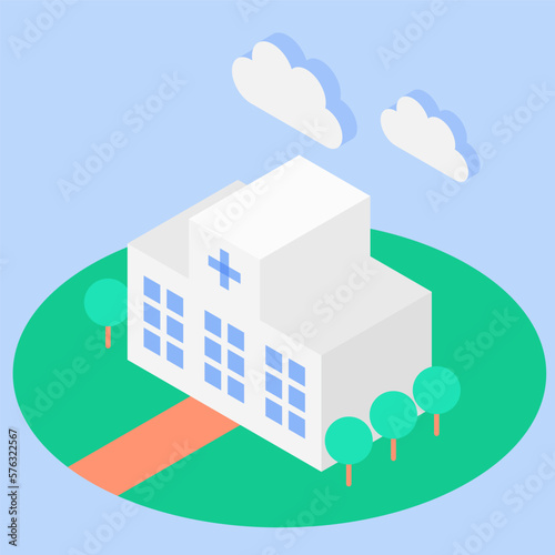 病院外観のアイソメトリックイラスト