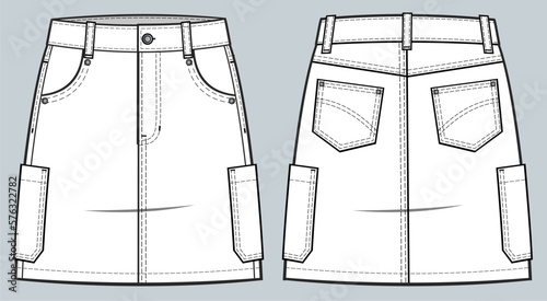 High-waist denim skirt fashion technical drawing template with pockets, Front zip fly, and top button fastening. denim skirt vector illustration. front and back view. CAD mockup 
