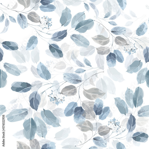 Seamless watercolor pattern of blue leaves and branches...Abstract art background vector.