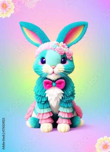 Happy easter with rabbit, bright plush rabbit, flowers background, Generative AI Art Illustration 10