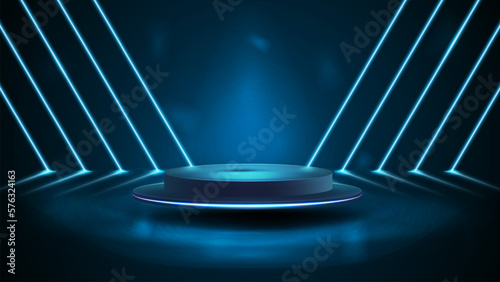 Empty podium in empty blue scene with diagonal blue line neon lamps on background.